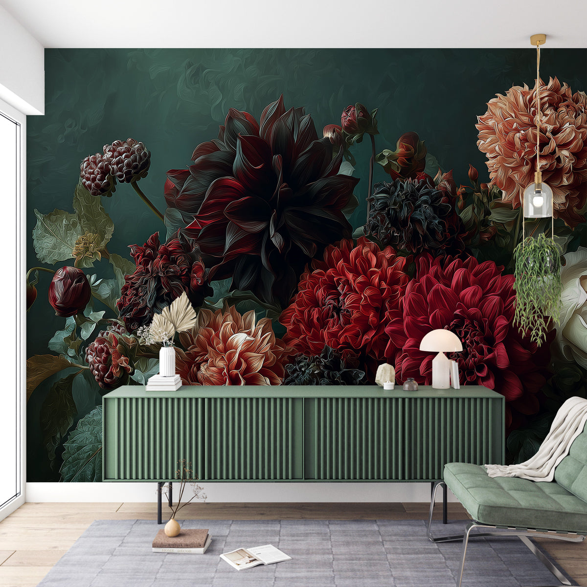 Dark Floral Mural - Dahlia Wall Mural | Moody Floral - Burgundy Red Dahlias and Cream Roses Botanical Peel and Stick Mural