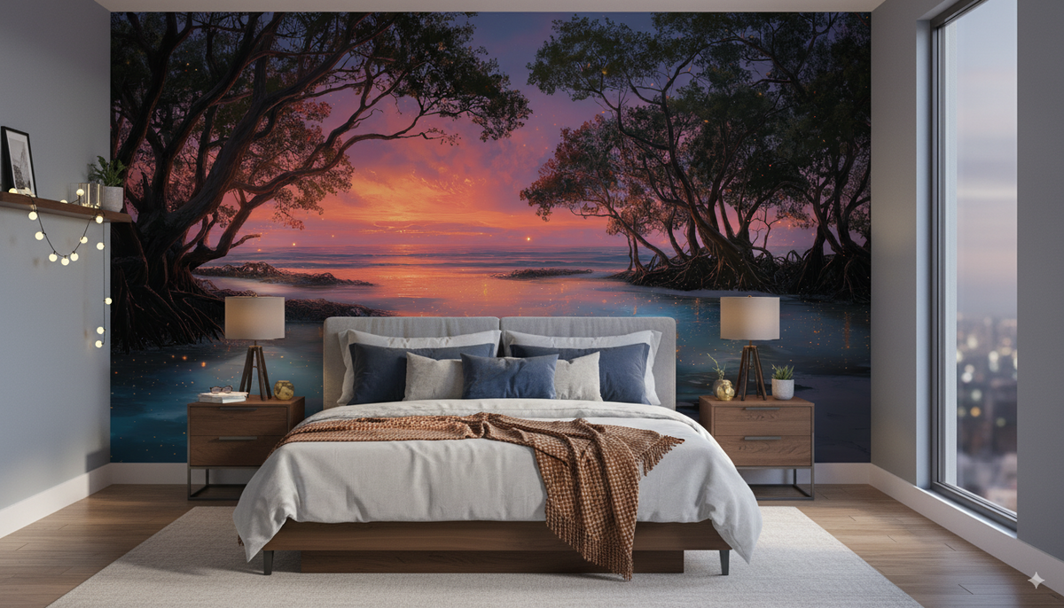 Coastal Wall Mural - Sunset Wall Mural | Bioluminescent - Glowing Blue Ocean Mangrove Landscape Peel and Stick Mural