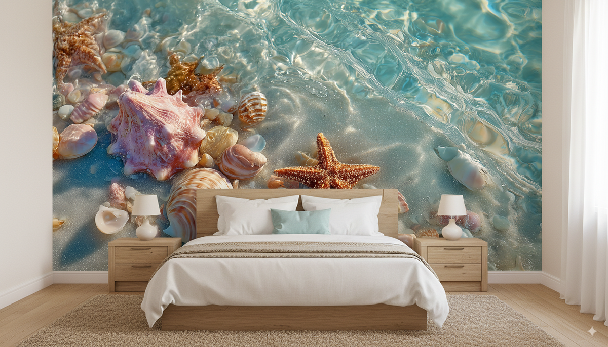 Seashell Wall Mural - Starfish Beach Art | Coastal Bathroom - Ocean Waves, Pink Shells, Sandy Shore, Removable Peel and Stick Beach Decor 2.