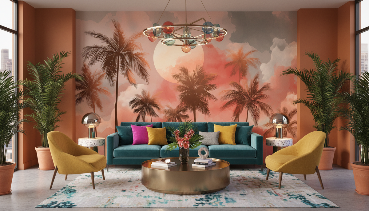 Tropical Sunset Palm Tree Wall Mural | Warm Coral Watercolor Sky, Coastal Peel and Stick Mural, Bedroom Bathroom Living Room Decor