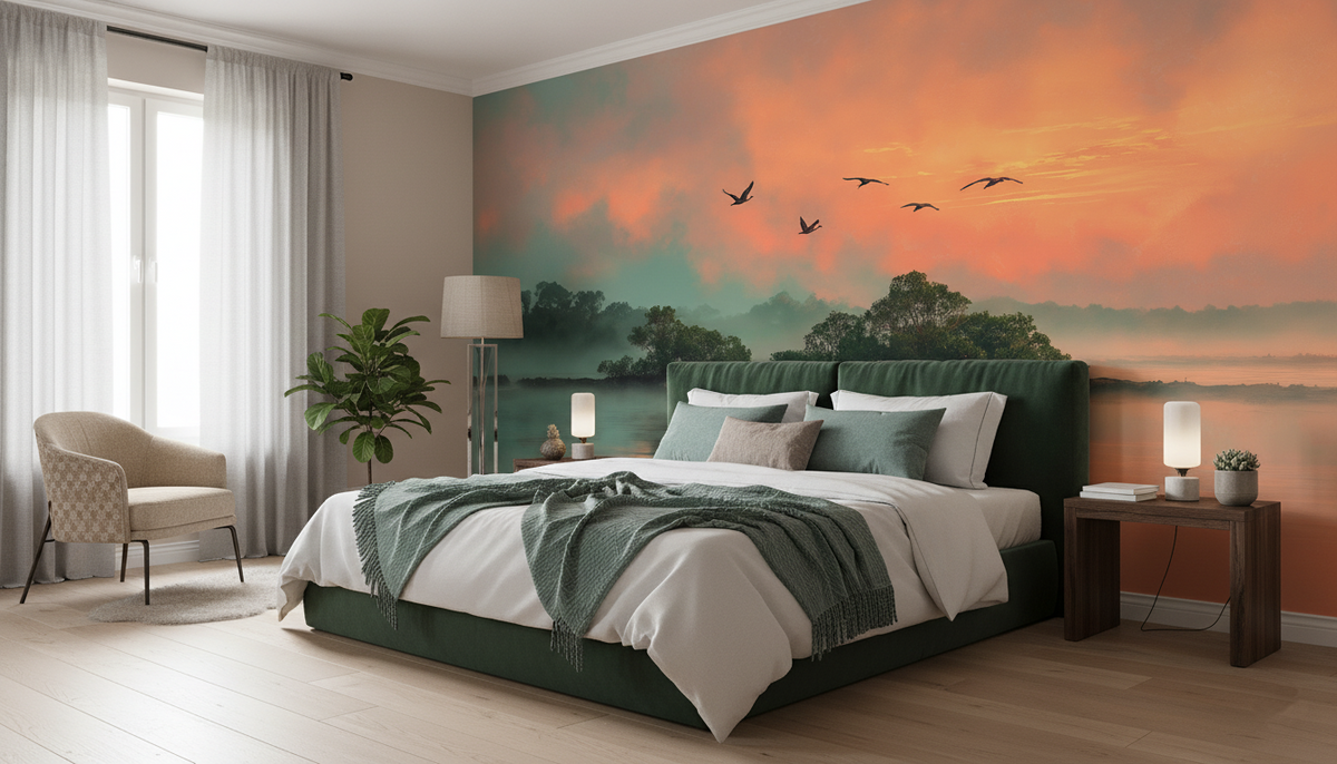 Tropical Mangrove Sunrise Wall Mural | Birds Over Calm Water, Coral Teal Landscape, Peel and Stick Mural for Living Room Bedroom Decor
