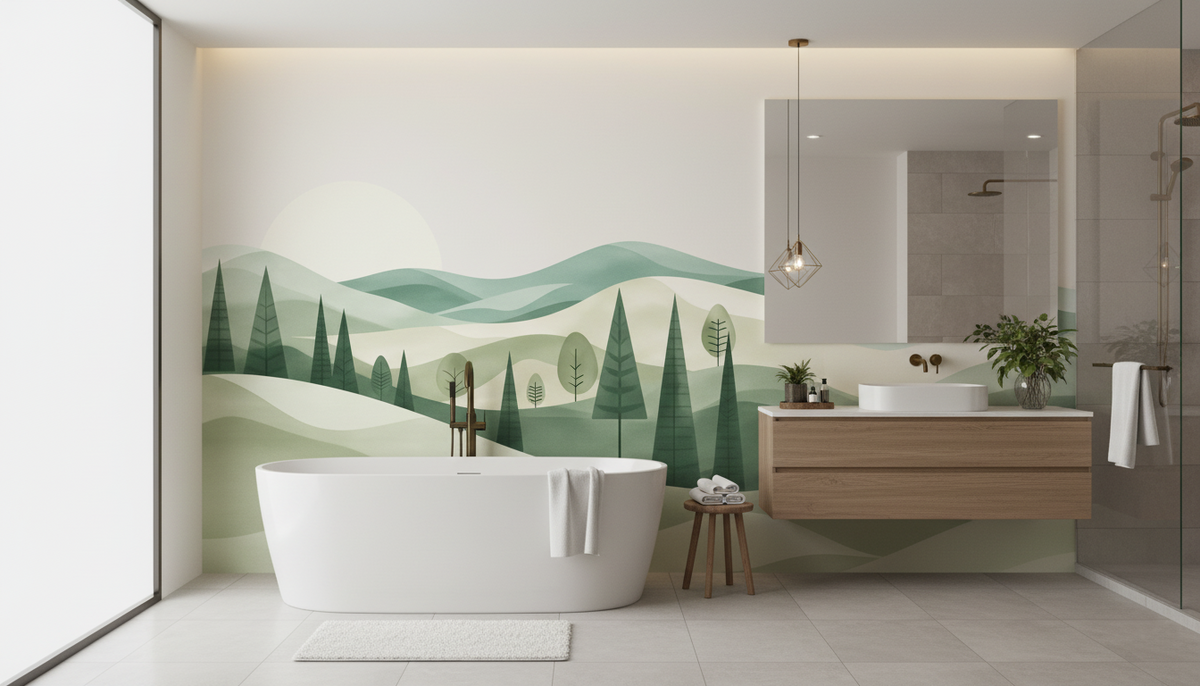 Mid Century Modern Landscape Wall Mural | Abstract Green Hills and Trees, Minimalist Nature Peel and Stick Mural, Bedroom Living Room Decor