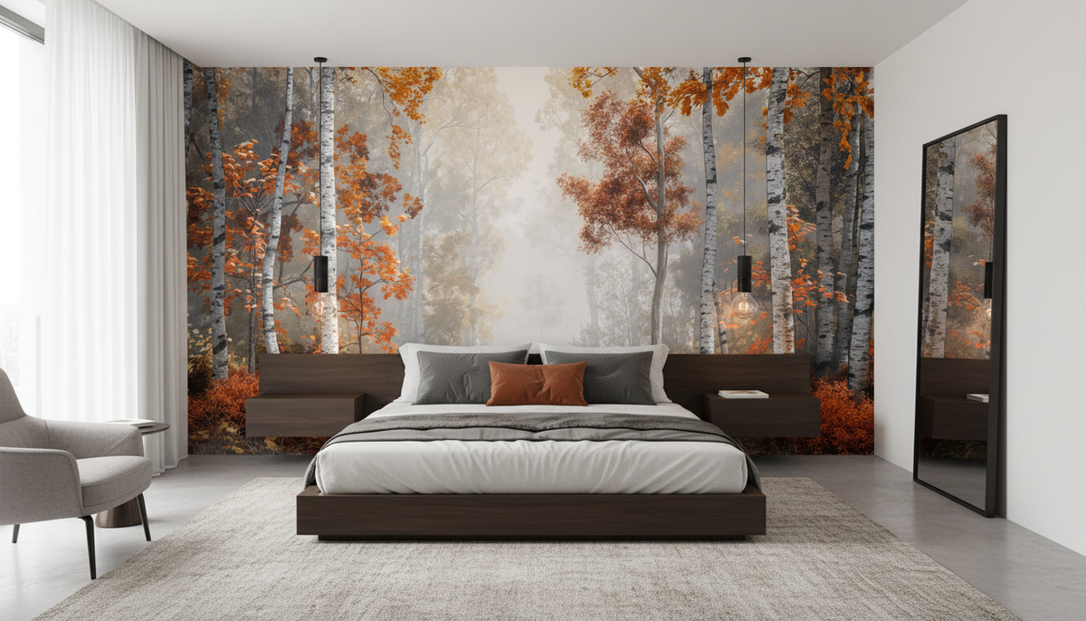 Autumn Birch Forest Wall Mural | Misty Woodland, Golden Orange Trees, Peel and Stick Mural, Cozy Bedroom Living Room Decor