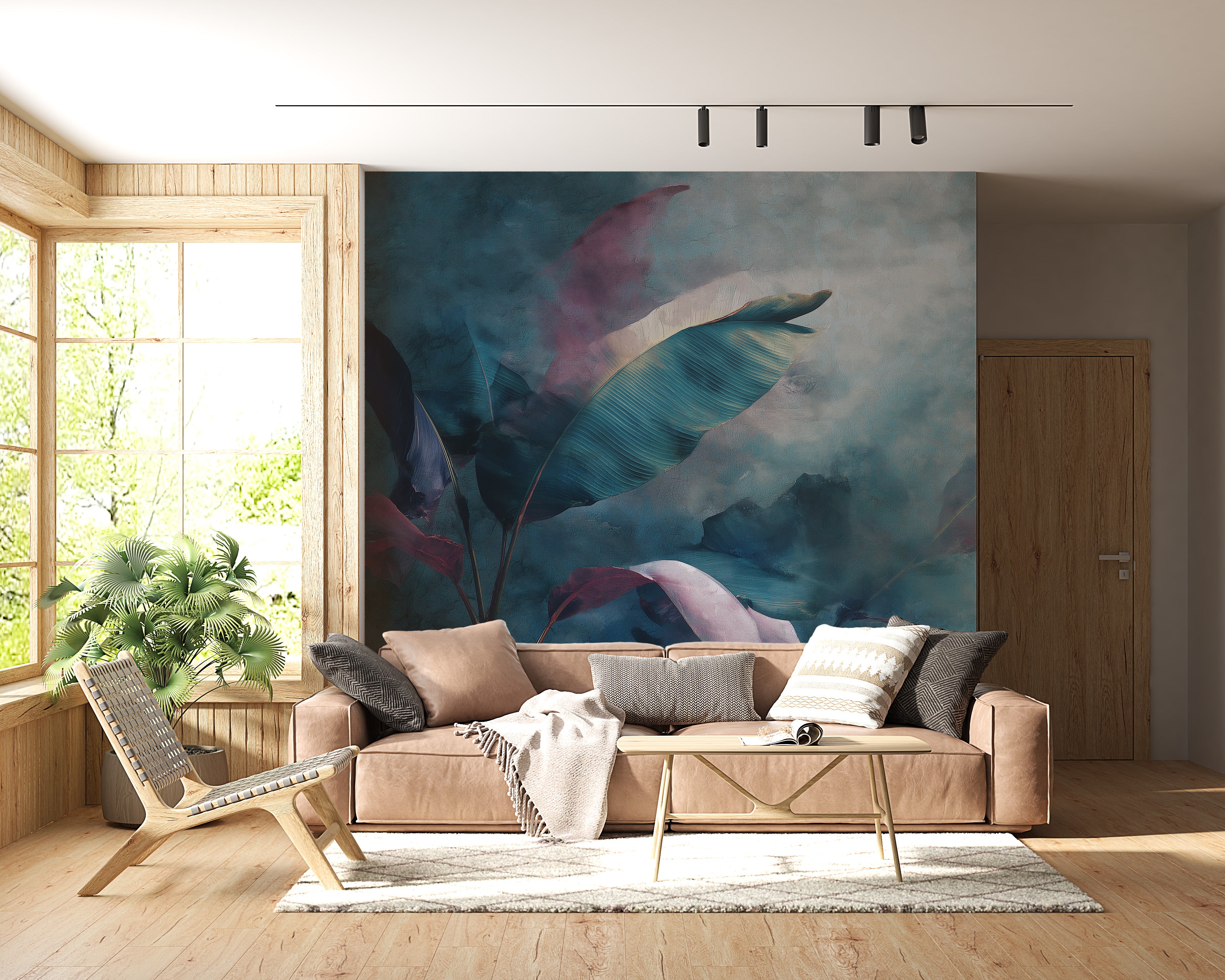 Abstract tropical leaves mural in teal purple tones creating a dramatic feature wall in a modern living room with beige couch