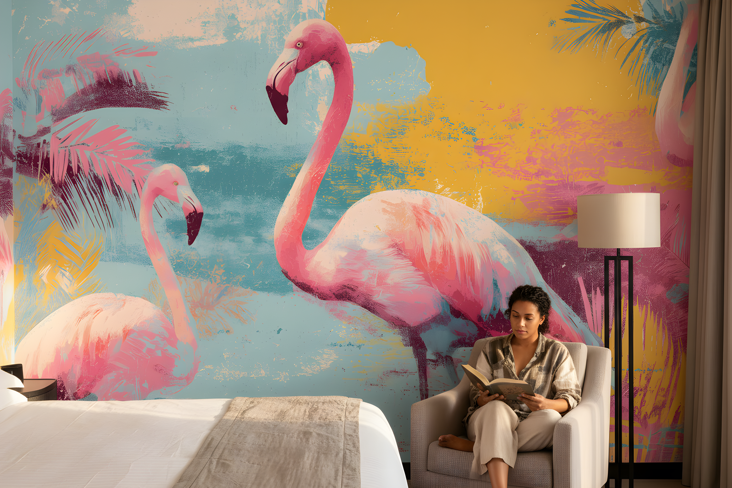Vibrant tropical flamingo mural in pink turquoise with watercolor sunset tones on bedroom wall behind a woman reading