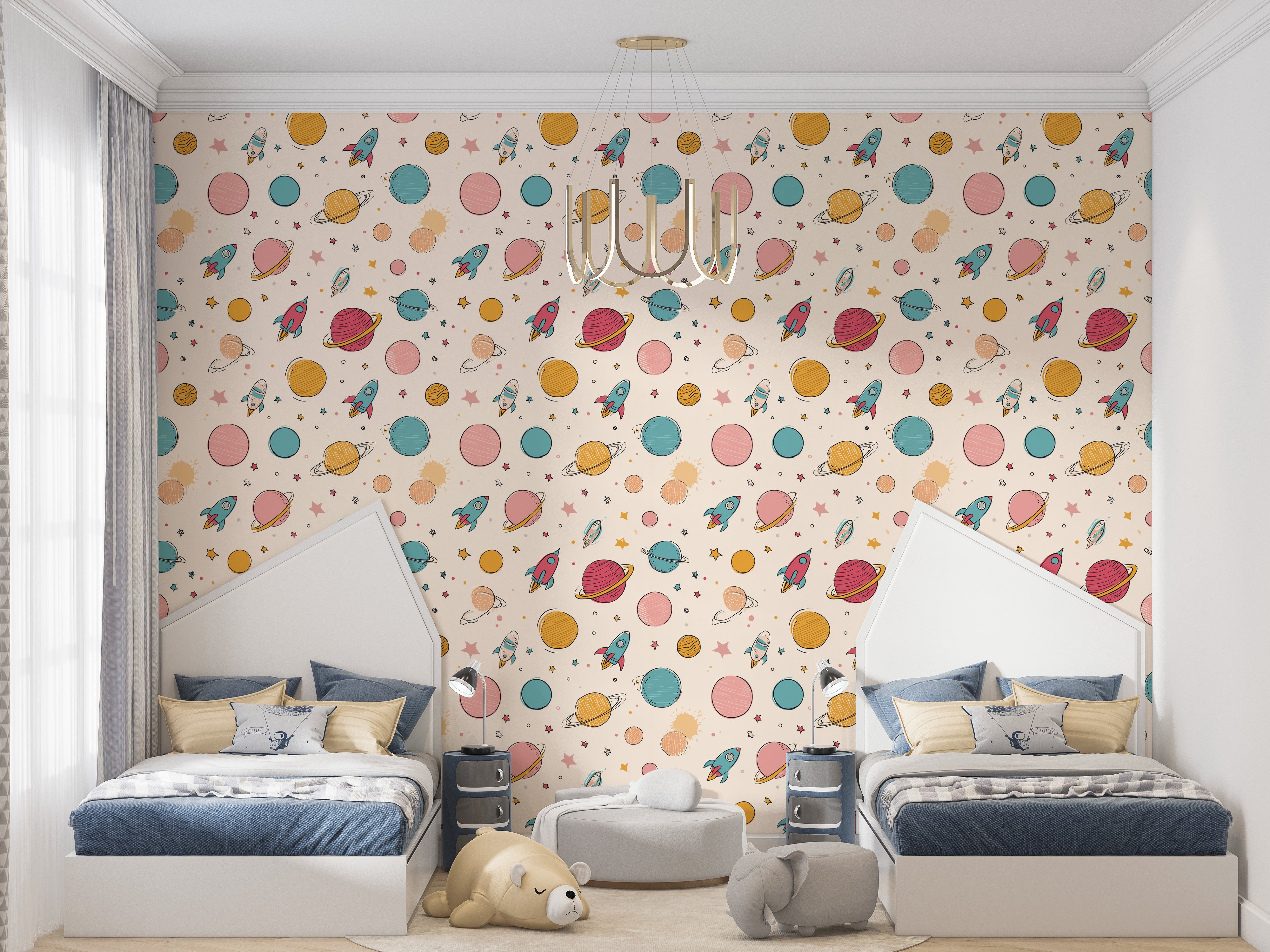 Pastel space adventure wallpaper with planets, rockets and stars in a kids' bedroom setting featuring twin beds and whimsical