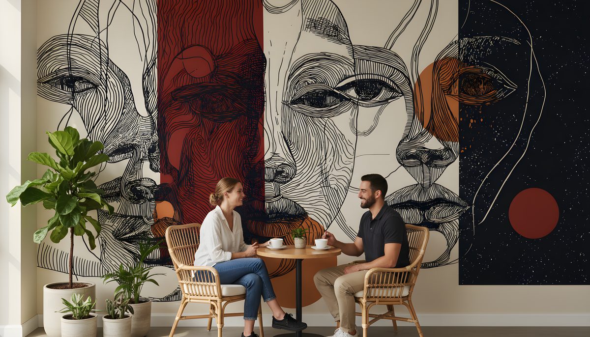 Abstract Faces Wall Mural | Black Rust Beige Line Art Portraits, Modern Geometric Peel and Stick Mural, Contemporary Living Room Decor