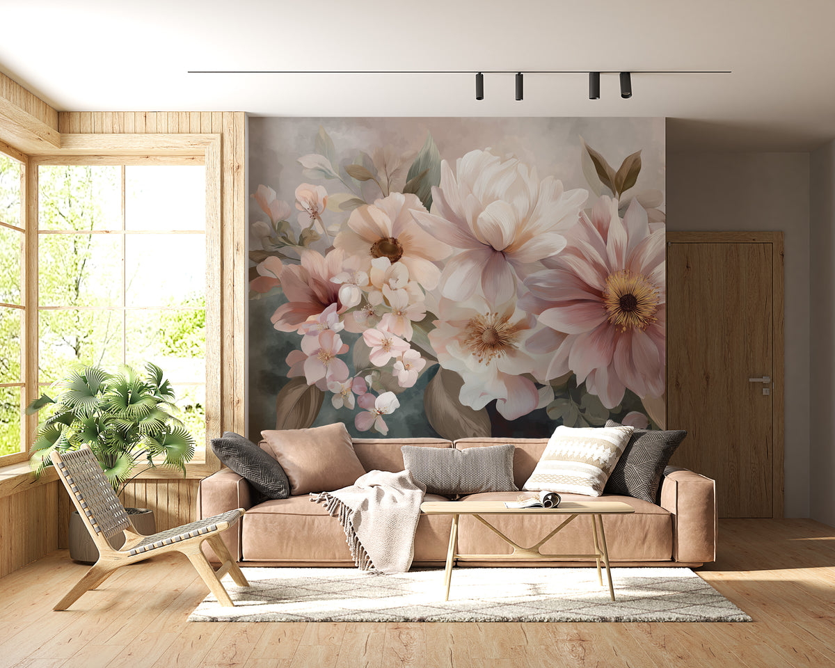 Floral Wall Mural - Pastel Flower Mural | Blush Pink Decor
