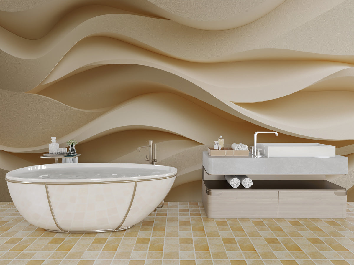 Beige Wall Mural - Abstract Wave Art | Neutral Wall Decor - Textured 3D Waves, Minimalist Organic Modern Peel and Stick Mural, Cream Decor