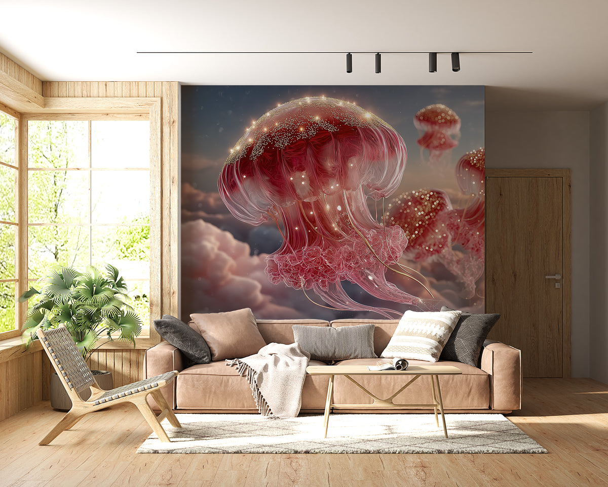 Surreal Jellyfish - Pink Dreamscape | Fantasy Wall Decor - Floating Jellyfish, Gold Sparkles, Cloudscape, Peel and Stick Bedroom Wall Mural