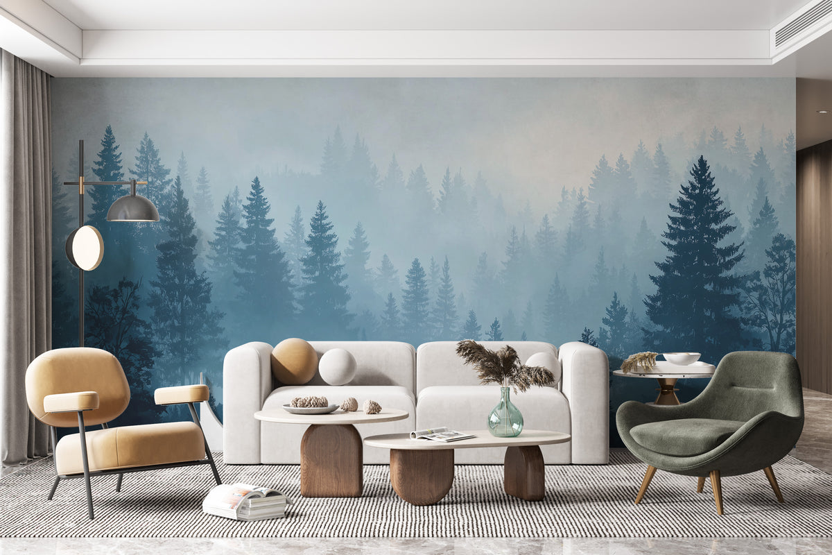 Forest Wall Mural - Misty Forest Mural | Deer Wall Mural - Blue Woodland Pine Landscape with Deer Silhouettes Peel and Stick Mural