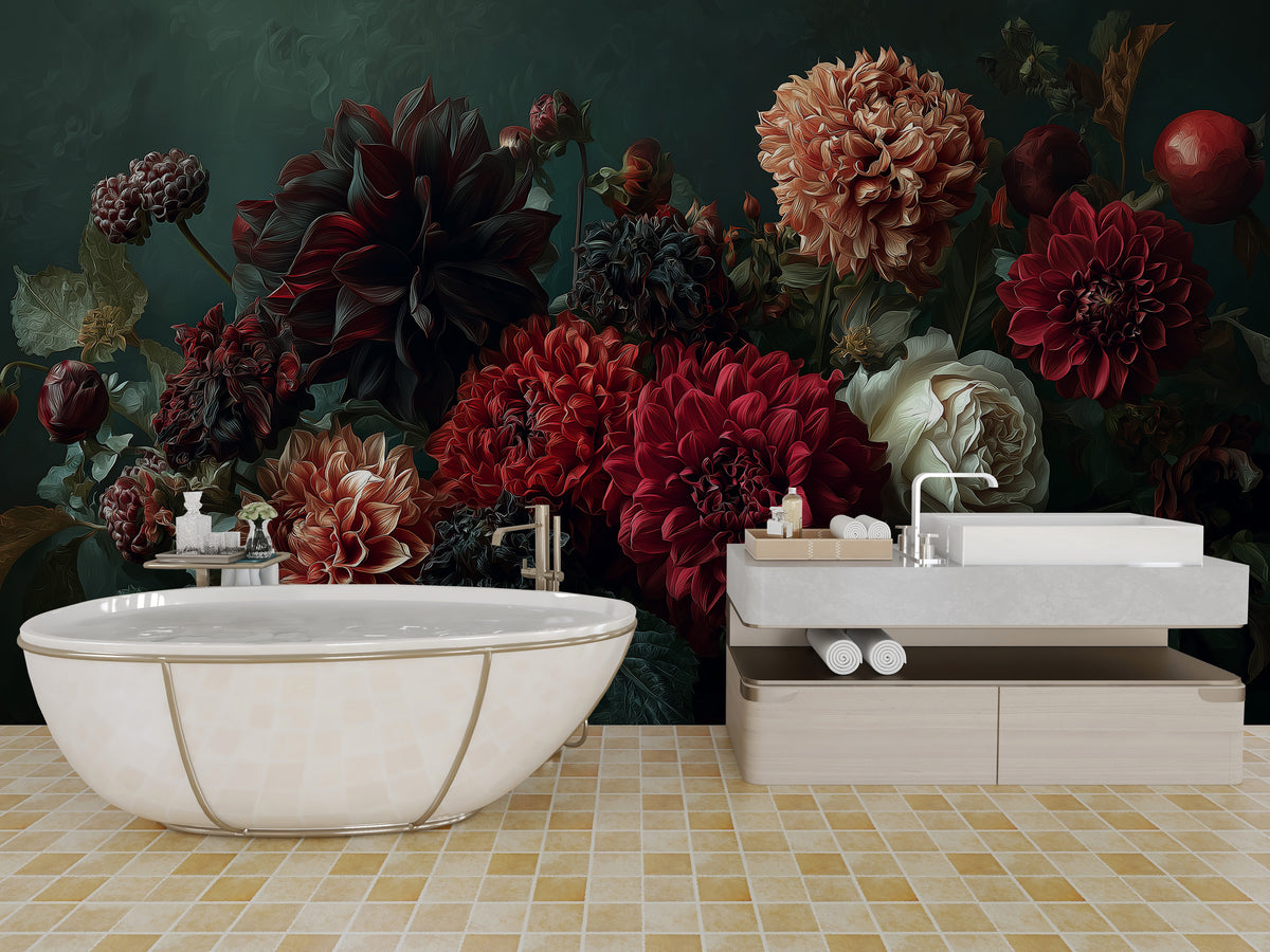 Dark Floral Mural - Dahlia Wall Mural | Moody Floral - Burgundy Red Dahlias and Cream Roses Botanical Peel and Stick Mural