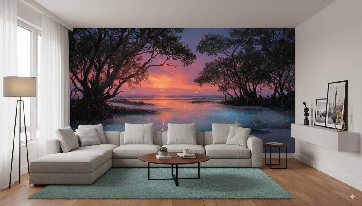 Coastal Wall Mural - Sunset Wall Mural | Bioluminescent - Glowing Blue Ocean Mangrove Landscape Peel and Stick Mural