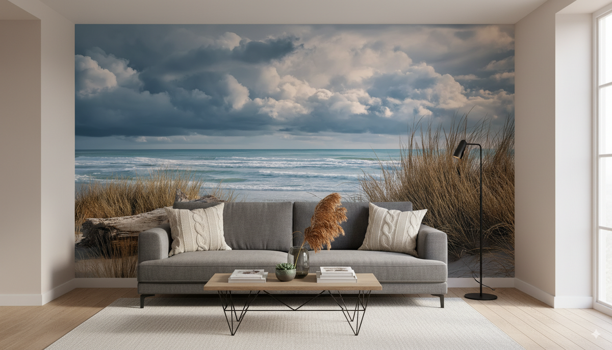 Coastal Dunes Wall Mural | Driftwood, Sea Grass & Ocean Waves, Moody Beach Landscape, Peel and Stick Mural, Coastal Bathroom Decor