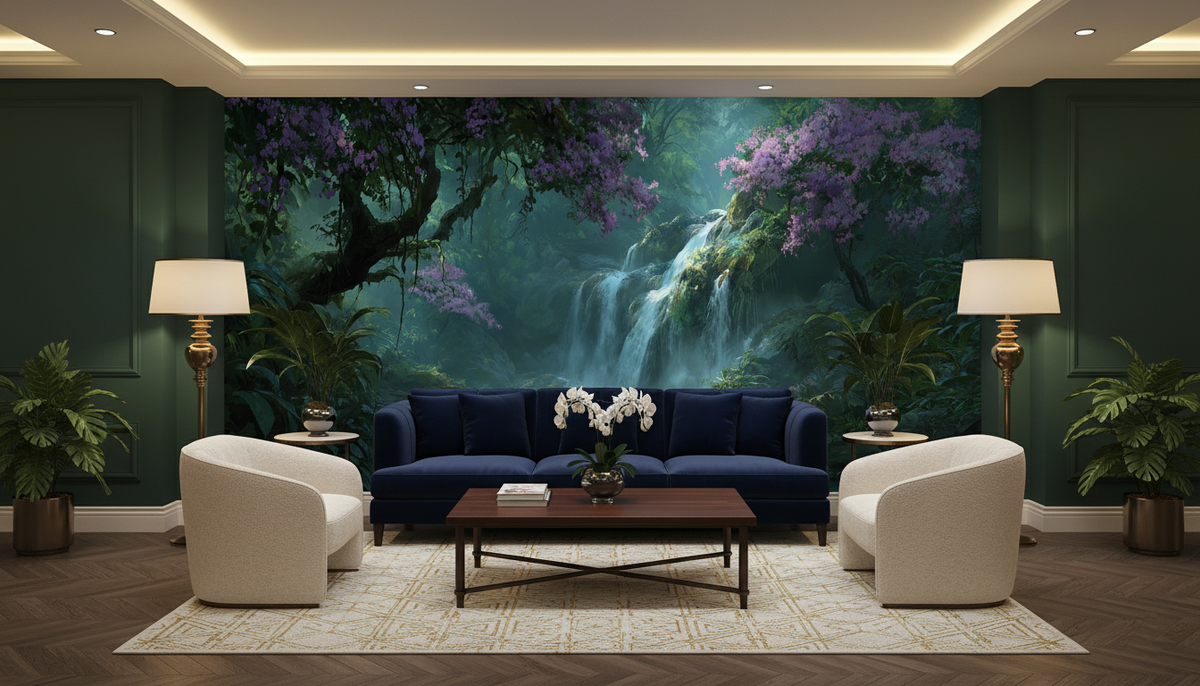 Tropical Jungle Waterfall Wall Mural | Emerald Lagoon, Purple Flowers, Moody Rainforest Peel and Stick Mural, Bedroom Bathroom Living Room Decor