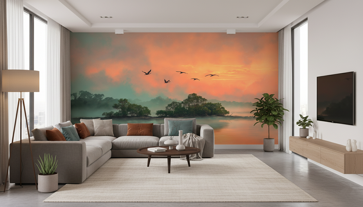 Tropical Mangrove Sunrise Wall Mural | Birds Over Calm Water, Coral Teal Landscape, Peel and Stick Mural for Living Room Bedroom Decor