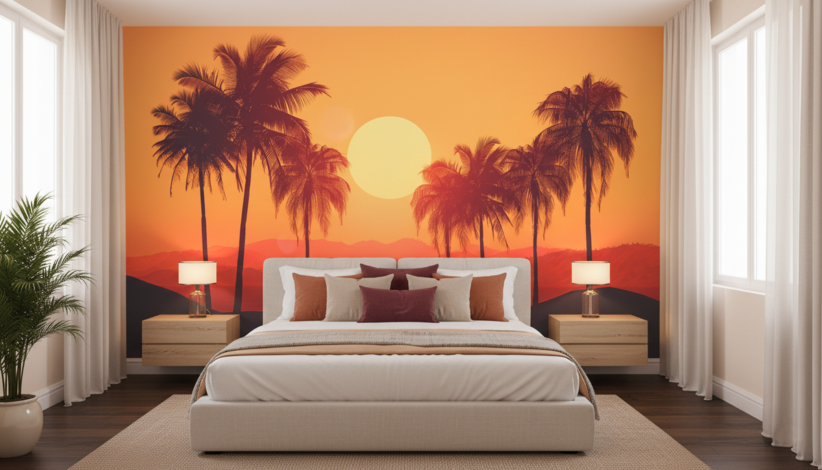 Tropical Sunset Palm Wall Mural | Retro 1960s Beach Landscape, Orange Red Palm Trees Peel and Stick Mural, Mid Century Bedroom Decor