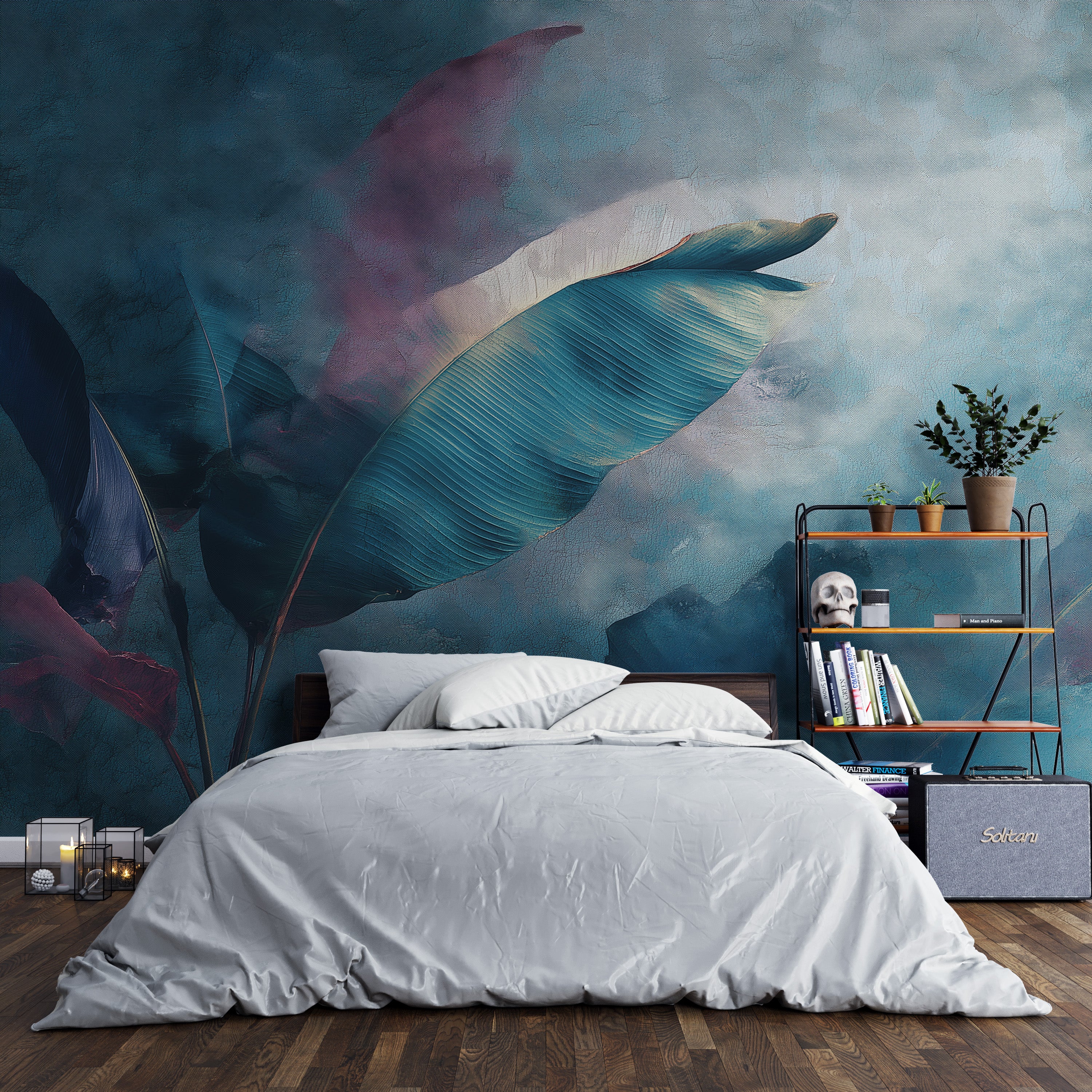 Abstract tropical leaves mural in teal and purple hues behind a white bedding setup in a modern bedroom setting
