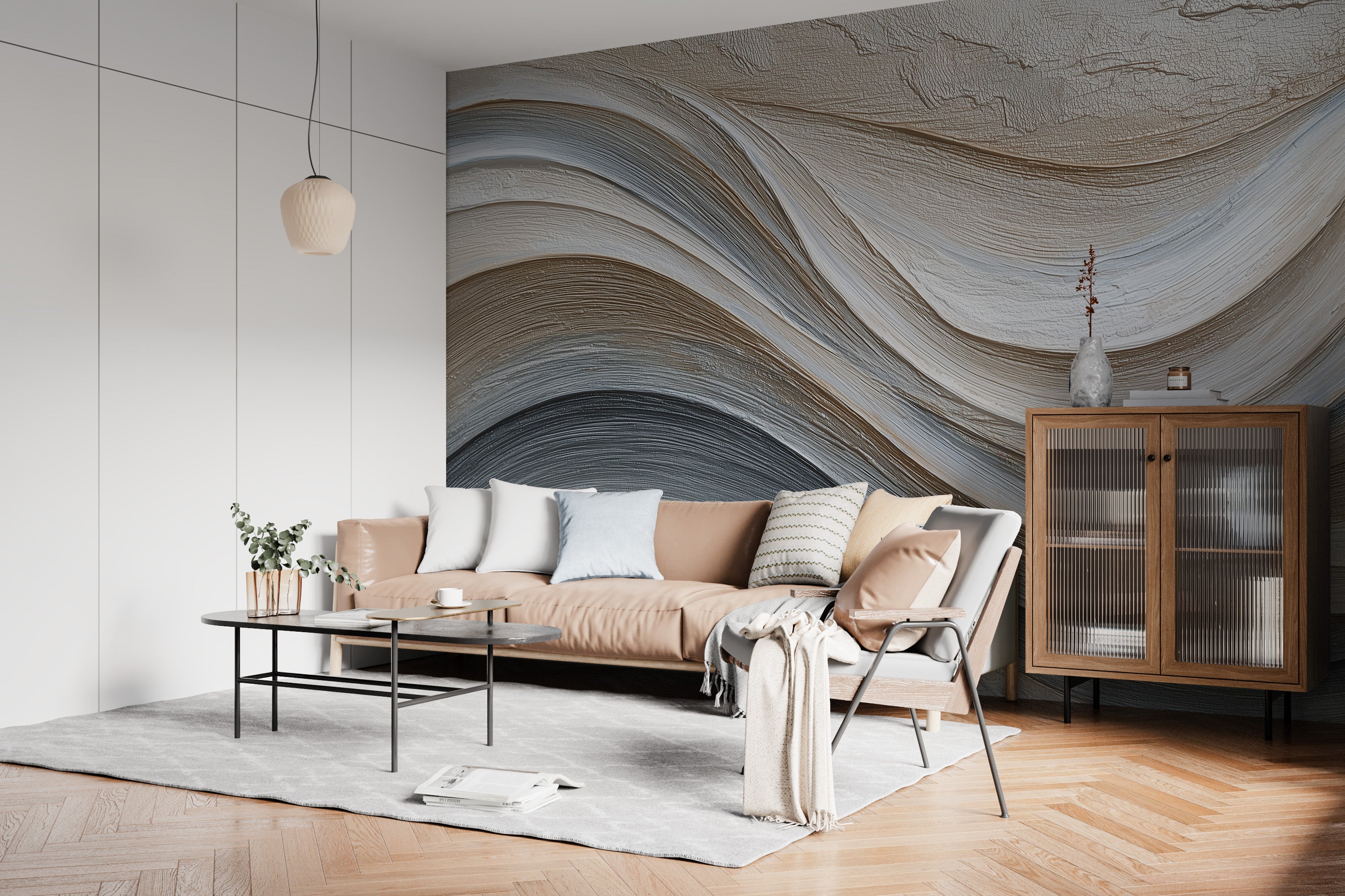 Abstract flowing waves mural in grey beige tones on feature wall behind a peach sofa with cushions in a modern living room