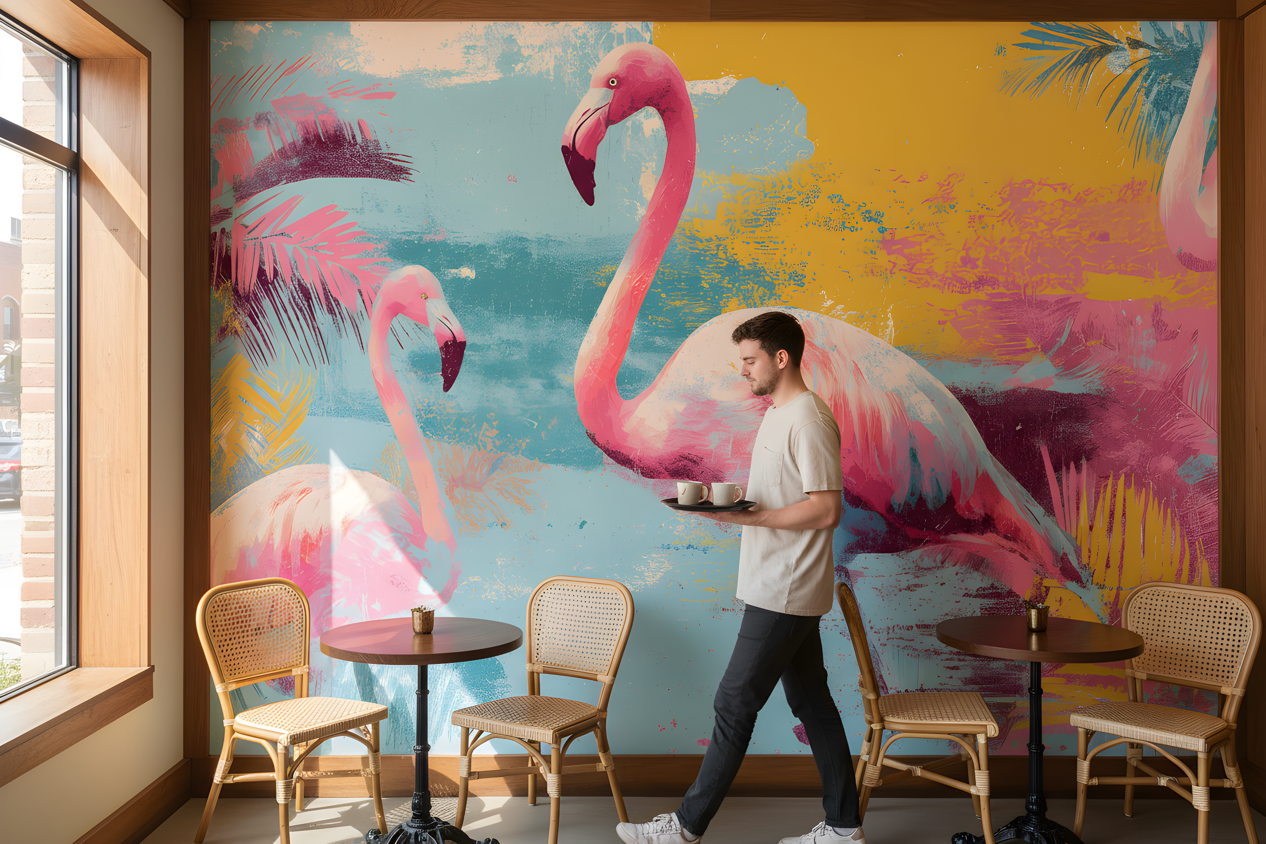Vibrant tropical flamingo mural in a cafe setting with pink flamingos, turquoise water, and sunset yellows in watercolor