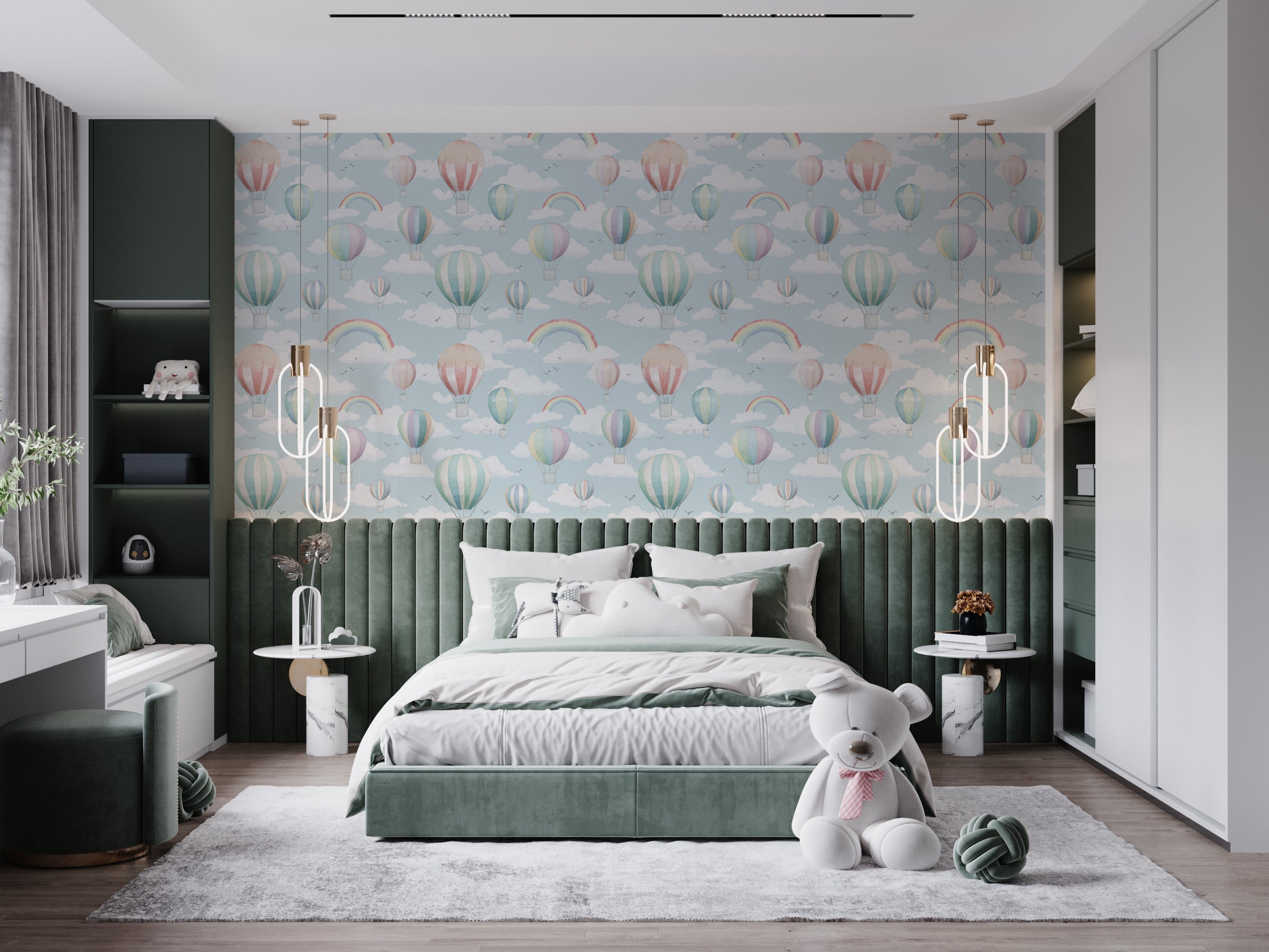 Whimsical sky-blue nursery with pastel hot air balloons wallpaper, fluffy clouds, rainbows, and a green upholstered headboard
