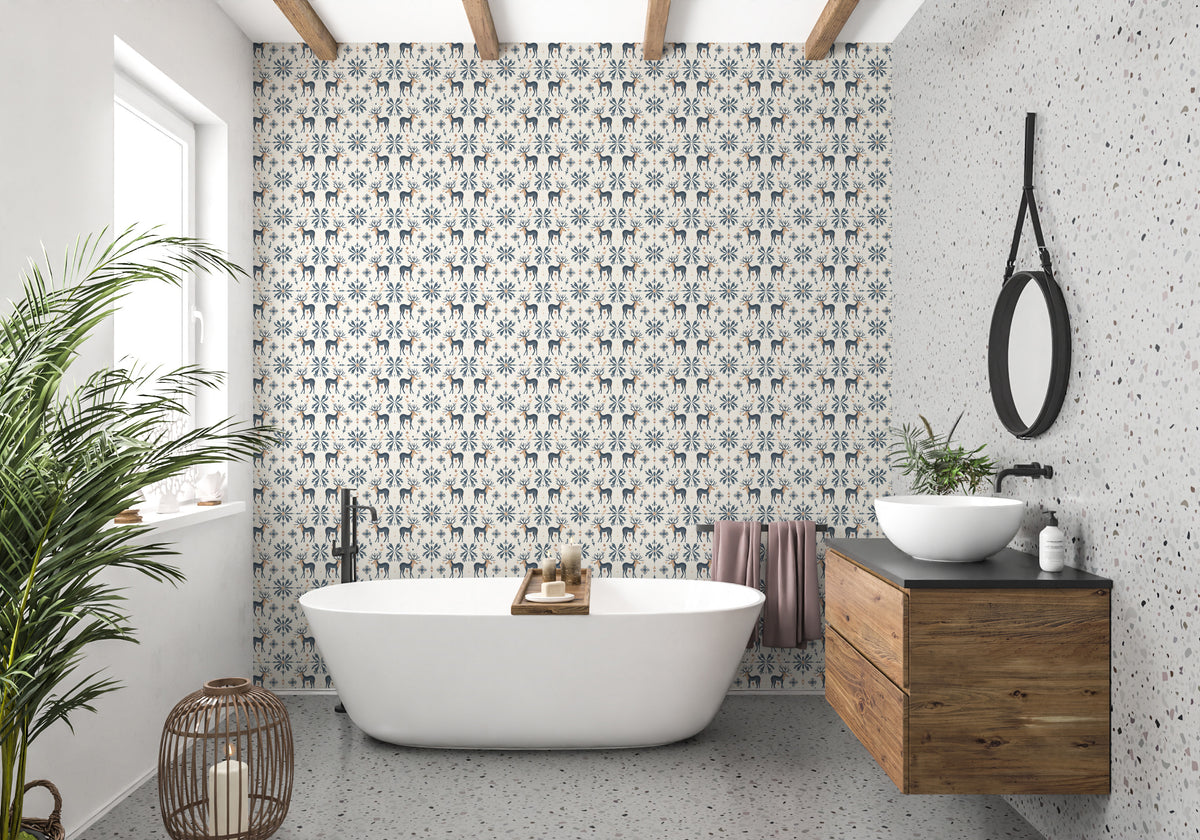 Nordic Forest Wallpaper | Blue Beige Deer Pattern, Scandinavian Folk Art Peel and Stick Wallpaper, Cozy Living Room Decor