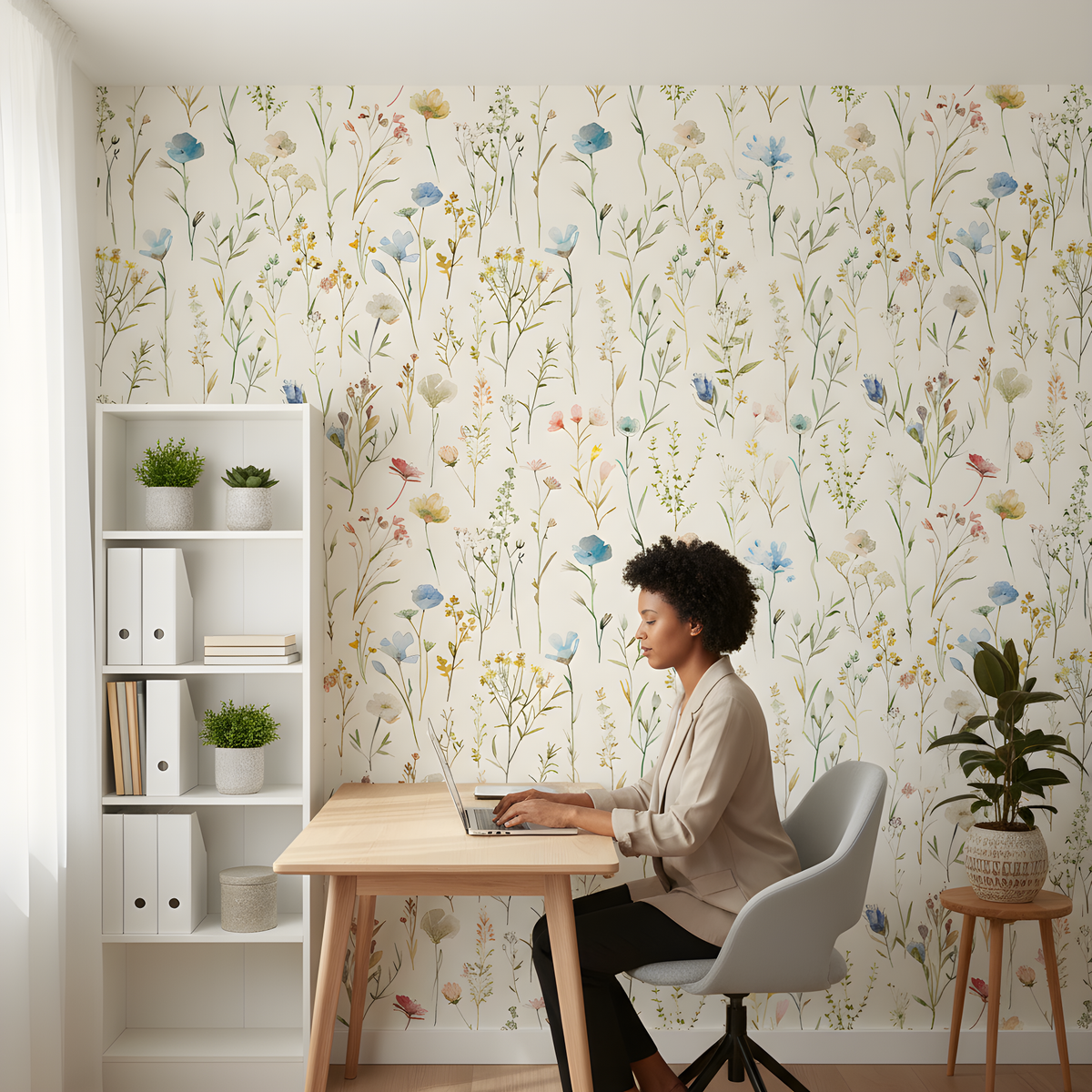 Beige Wildflower Wallpaper | Watercolor Floral Pattern, Blue Yellow Botanical Peel and Stick Wallpaper, Neutral Bedroom Nursery Decor