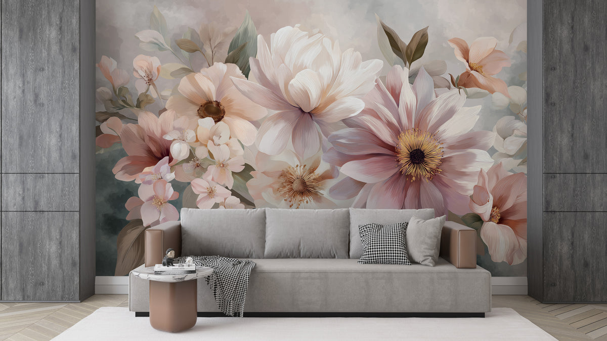 Blush pink flower mural with delicate botanical leaves