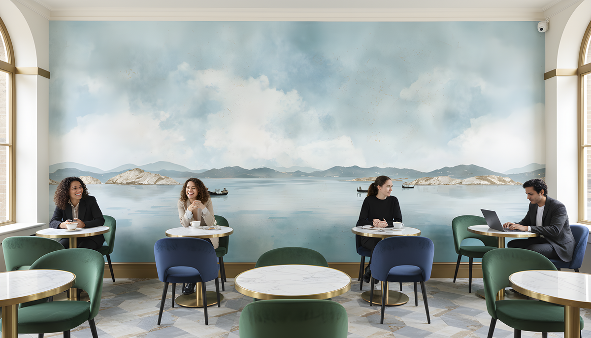 Coastal Wall Mural - Watercolor Mural | Ocean Landscape - Blue Seascape with Boats Mountains and Soft Horizon Peel and Stick Mural