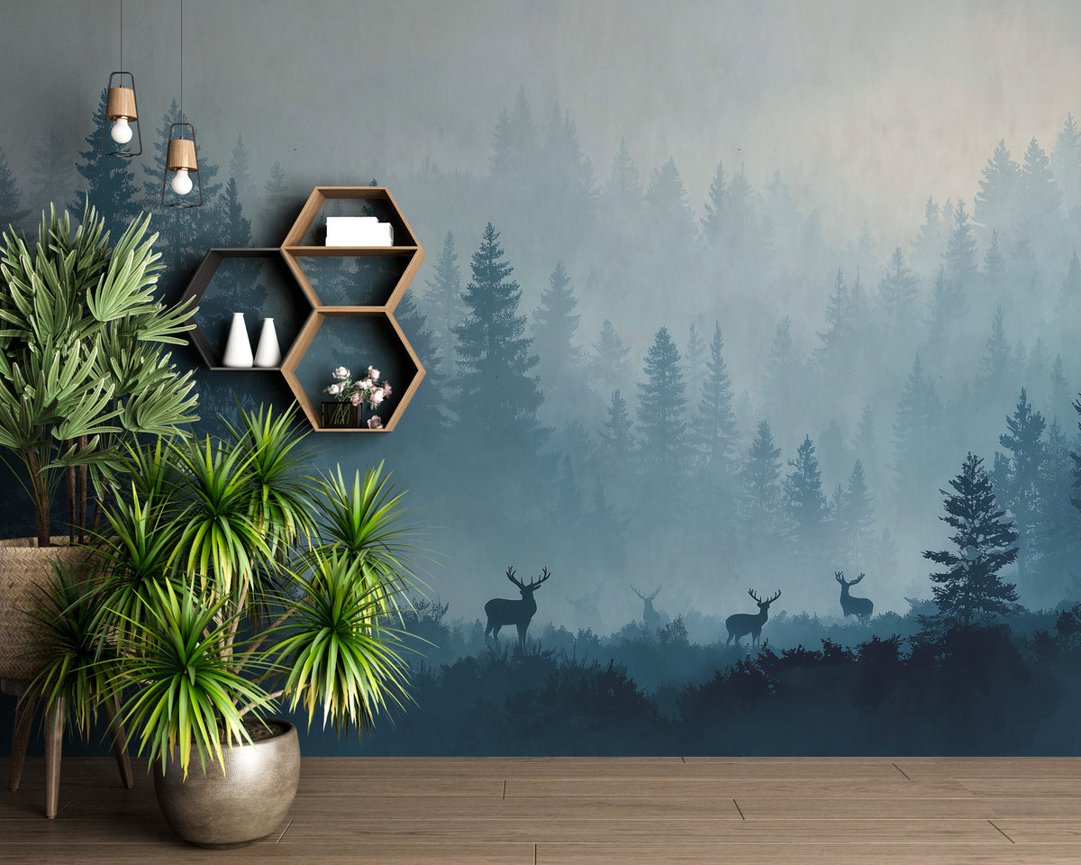 Forest Wall Mural - Misty Forest Mural | Deer Wall Mural - Blue Woodland Pine Landscape with Deer Silhouettes Peel and Stick Mural