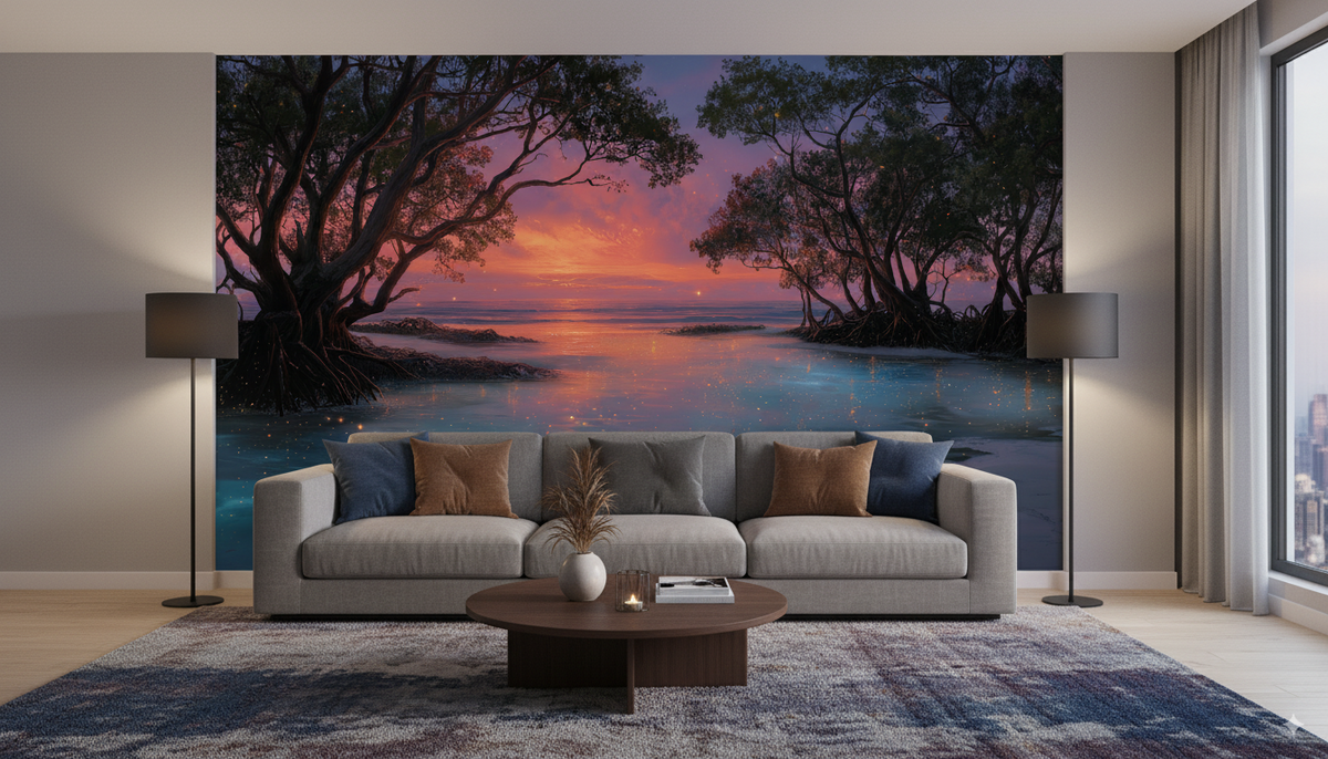 Coastal Wall Mural - Sunset Wall Mural | Bioluminescent - Glowing Blue Ocean Mangrove Landscape Peel and Stick Mural