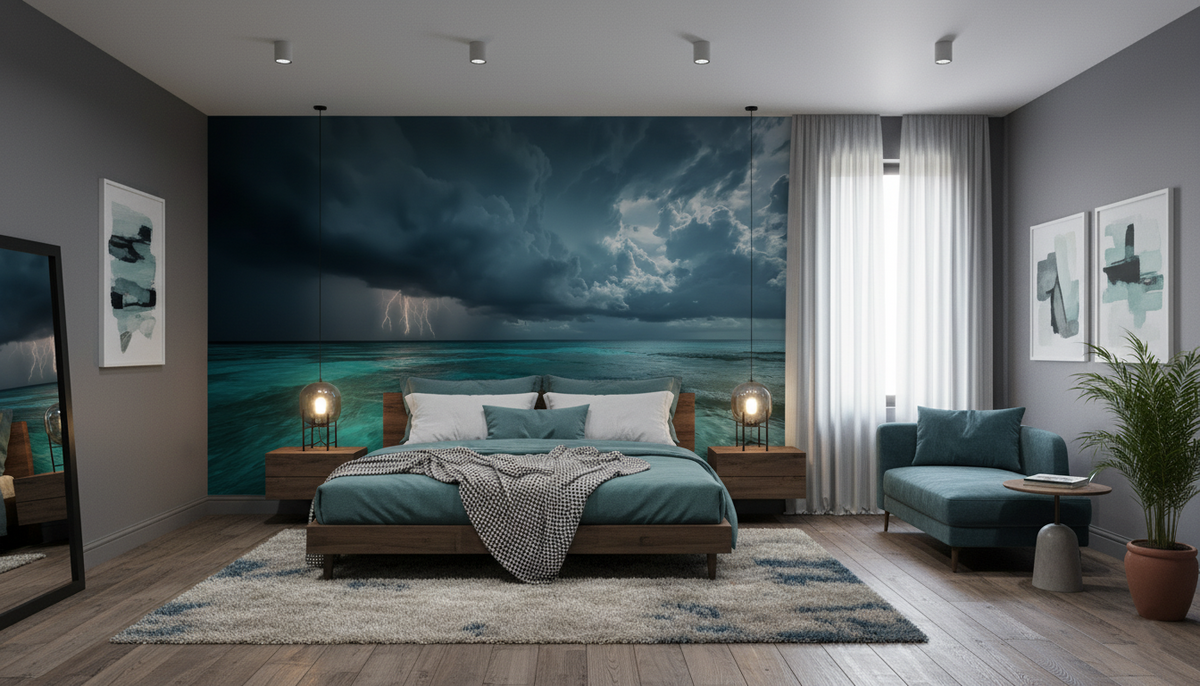 Tropical Storm Wall Mural | Lightning Over Turquoise Ocean, Moody Coastal Peel and Stick Mural, Dramatic Beach Wall Decor