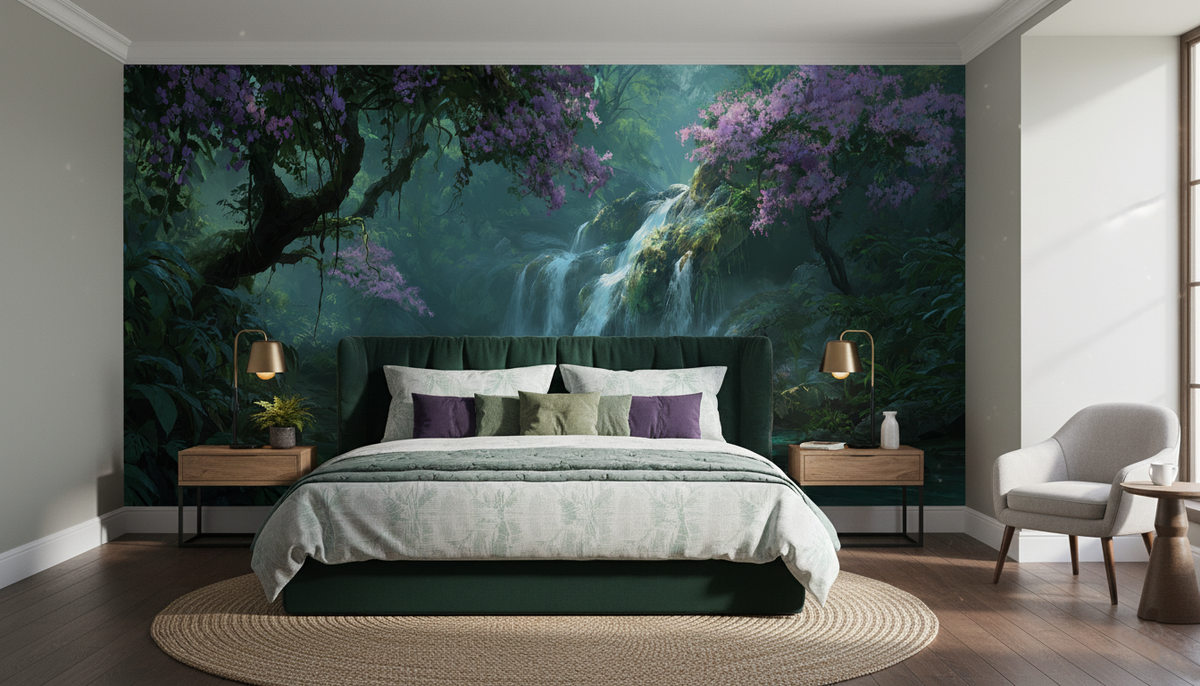 Tropical Jungle Waterfall Wall Mural | Emerald Lagoon, Purple Flowers, Moody Rainforest Peel and Stick Mural, Bedroom Bathroom Living Room Decor