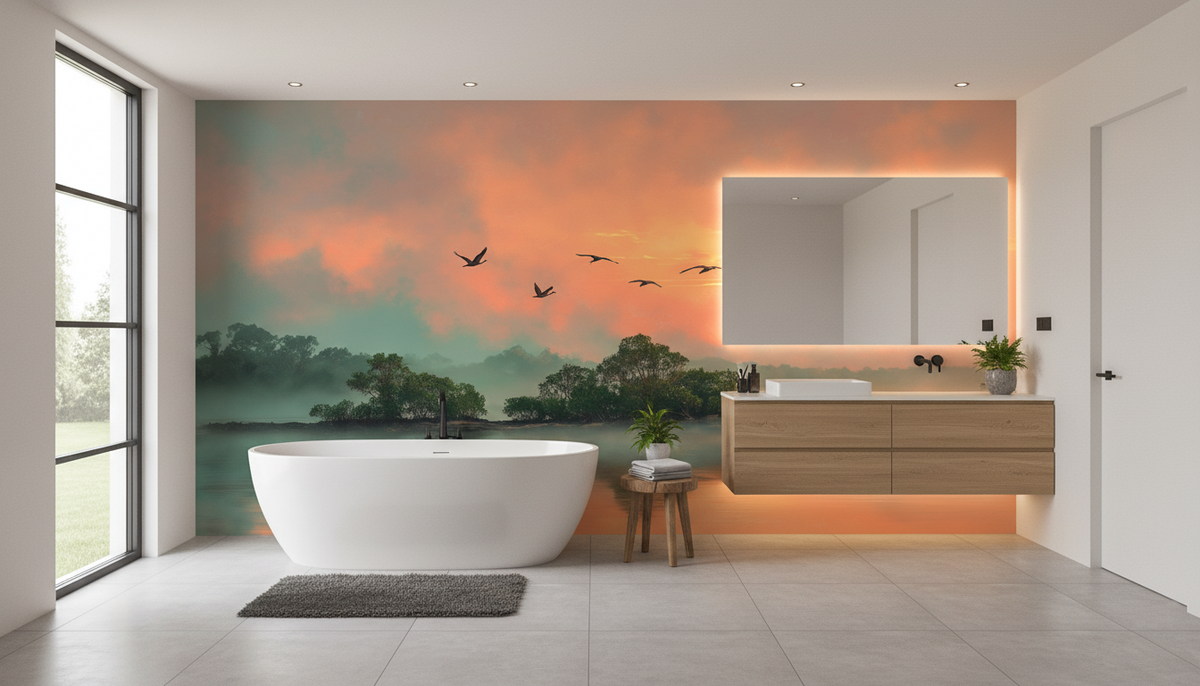 Tropical Mangrove Sunrise Wall Mural | Birds Over Calm Water, Coral Teal Landscape, Peel and Stick Mural for Living Room Bedroom Decor
