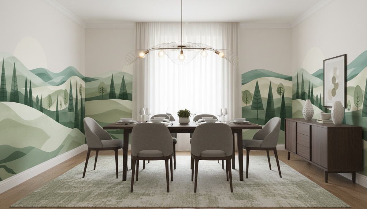 Mid Century Modern Landscape Wall Mural | Abstract Green Hills and Trees, Minimalist Nature Peel and Stick Mural, Bedroom Living Room Decor