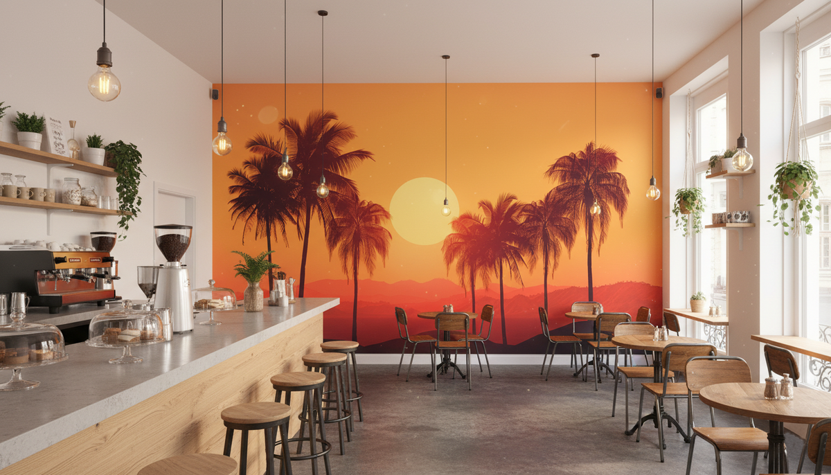 Tropical Sunset Palm Wall Mural | Retro 1960s Beach Landscape, Orange Red Palm Trees Peel and Stick Mural, Mid Century Bedroom Decor