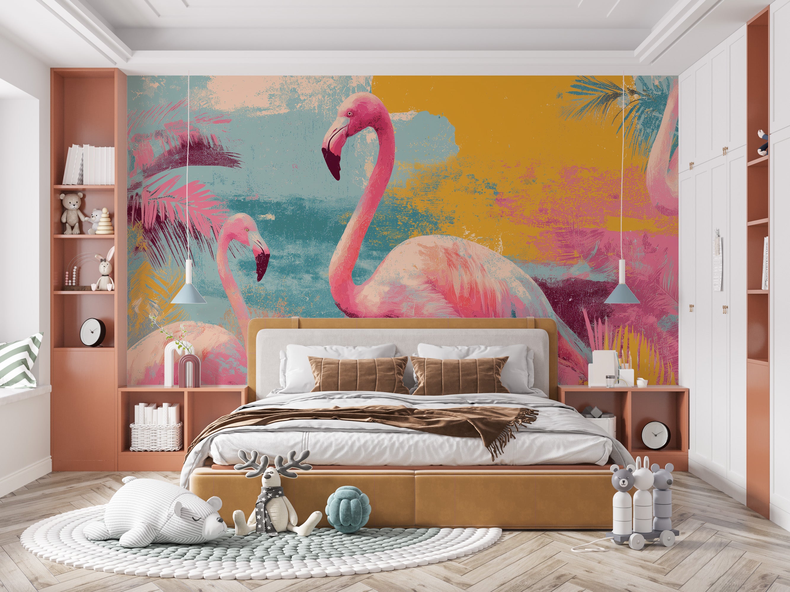 Vibrant tropical flamingo mural in pink turquoise with watercolor textures adorns a bedroom behind a tan upholstered bed