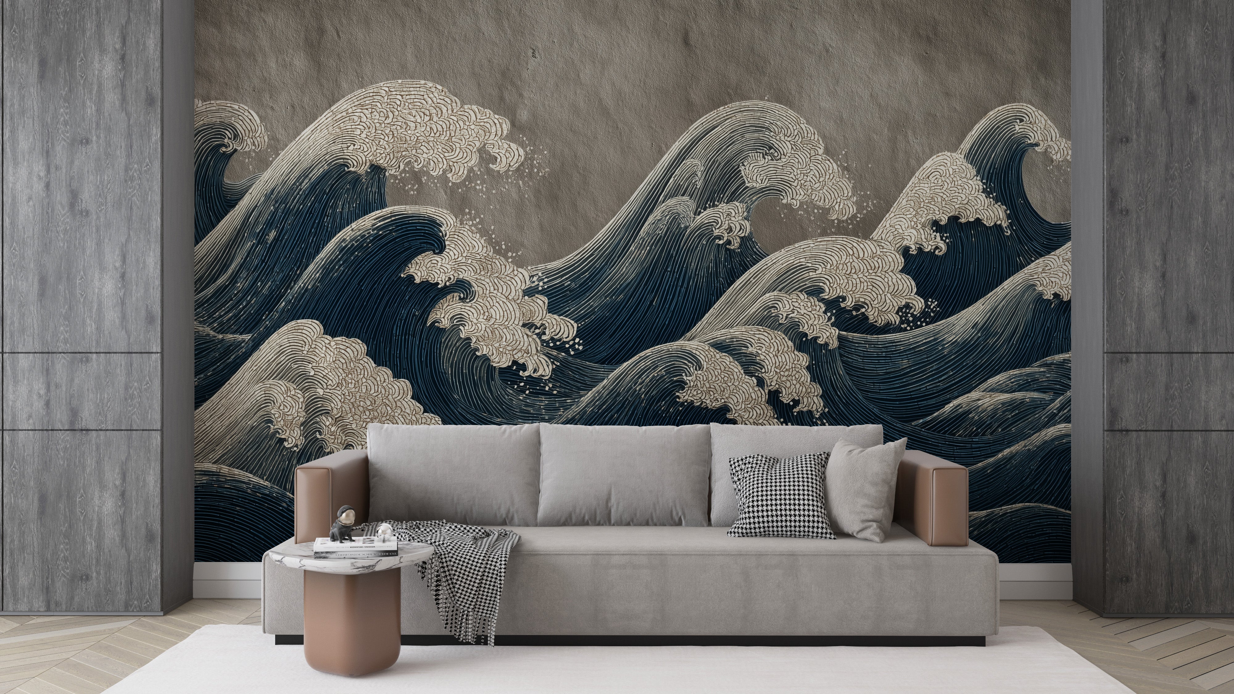 Japanese ocean waves mural in navy blue and cream on living room wall with gray sofa and modern decor