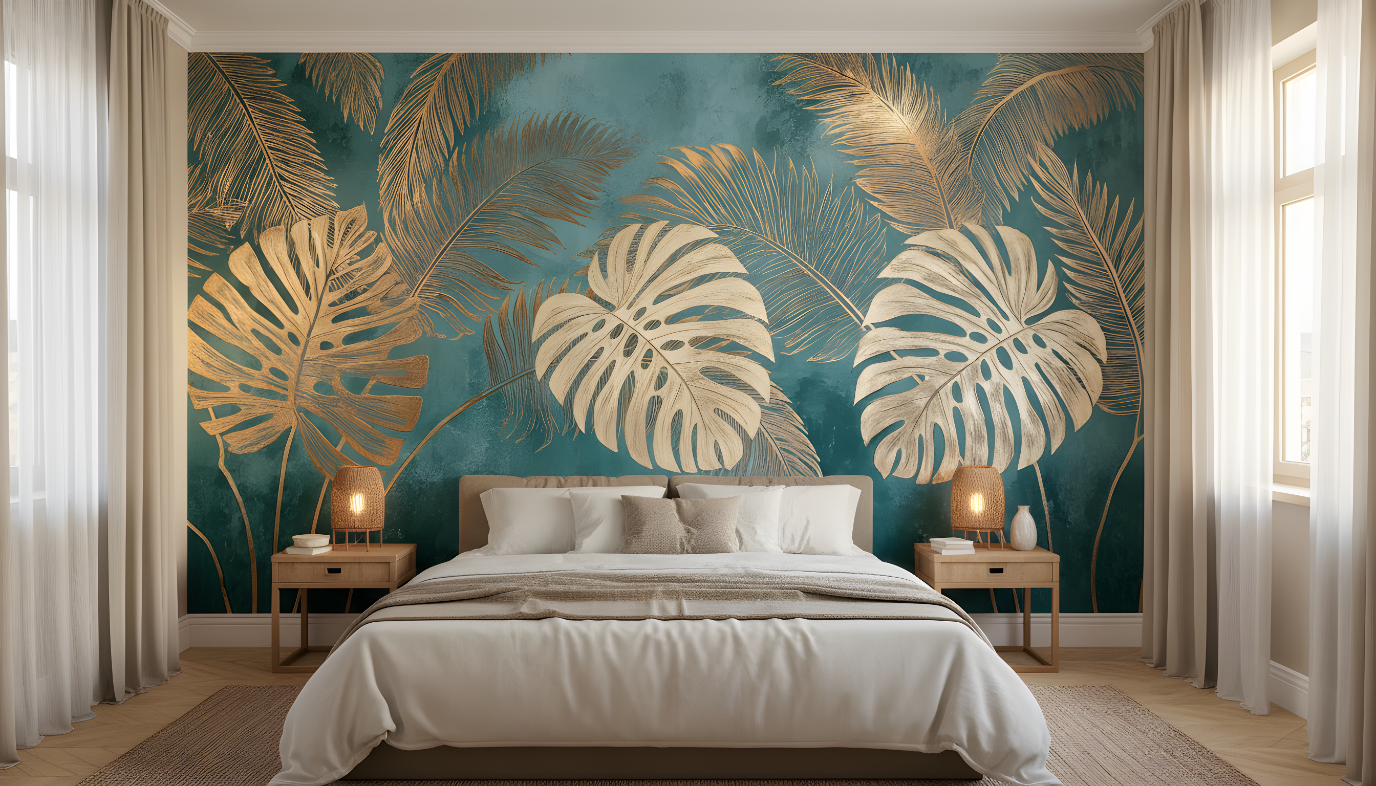 Tropical palm leaves mural with golden fronds on teal backdrop featuring monstera silhouettes in a luxurious bedroom setting