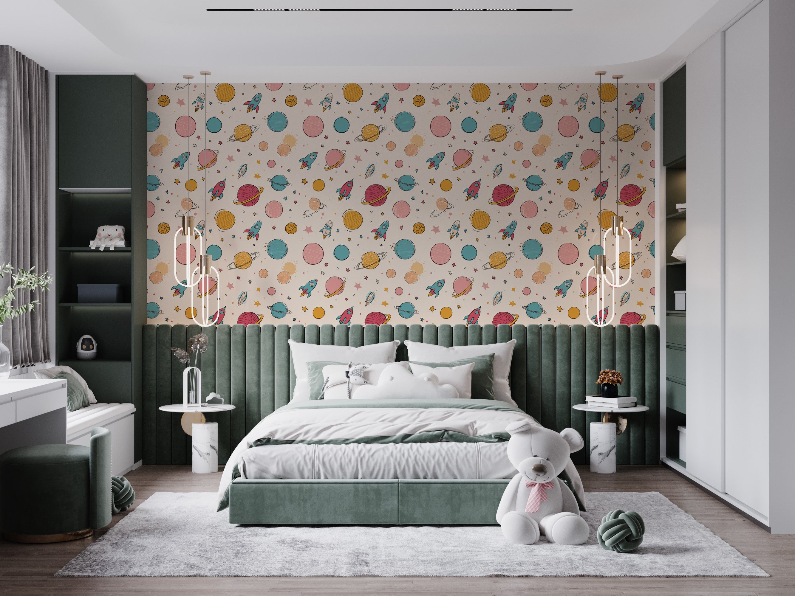 Space adventure pattern wallpaper on a pastel bedroom wall with rockets, planets and stars above a teal upholstered bed in a