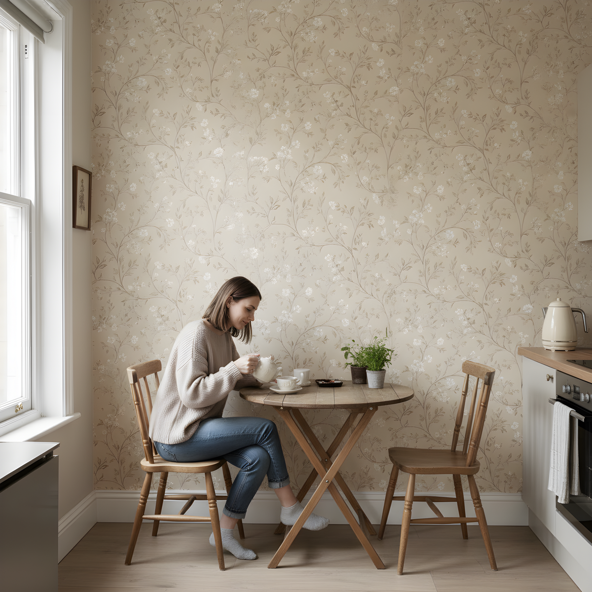 Beige Floral Wallpaper | Delicate White Flower Vine Pattern, Neutral Botanical Peel and Stick Wallpaper, Vintage Bedroom Decor