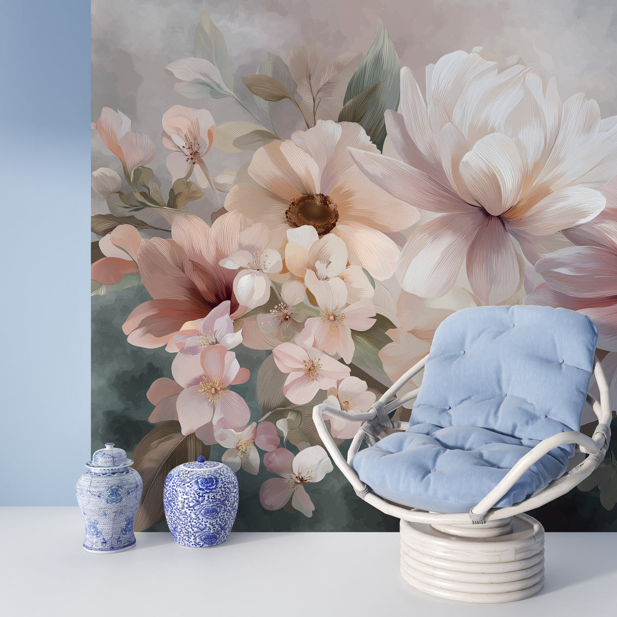 Blush pink flower mural with delicate botanical leaves