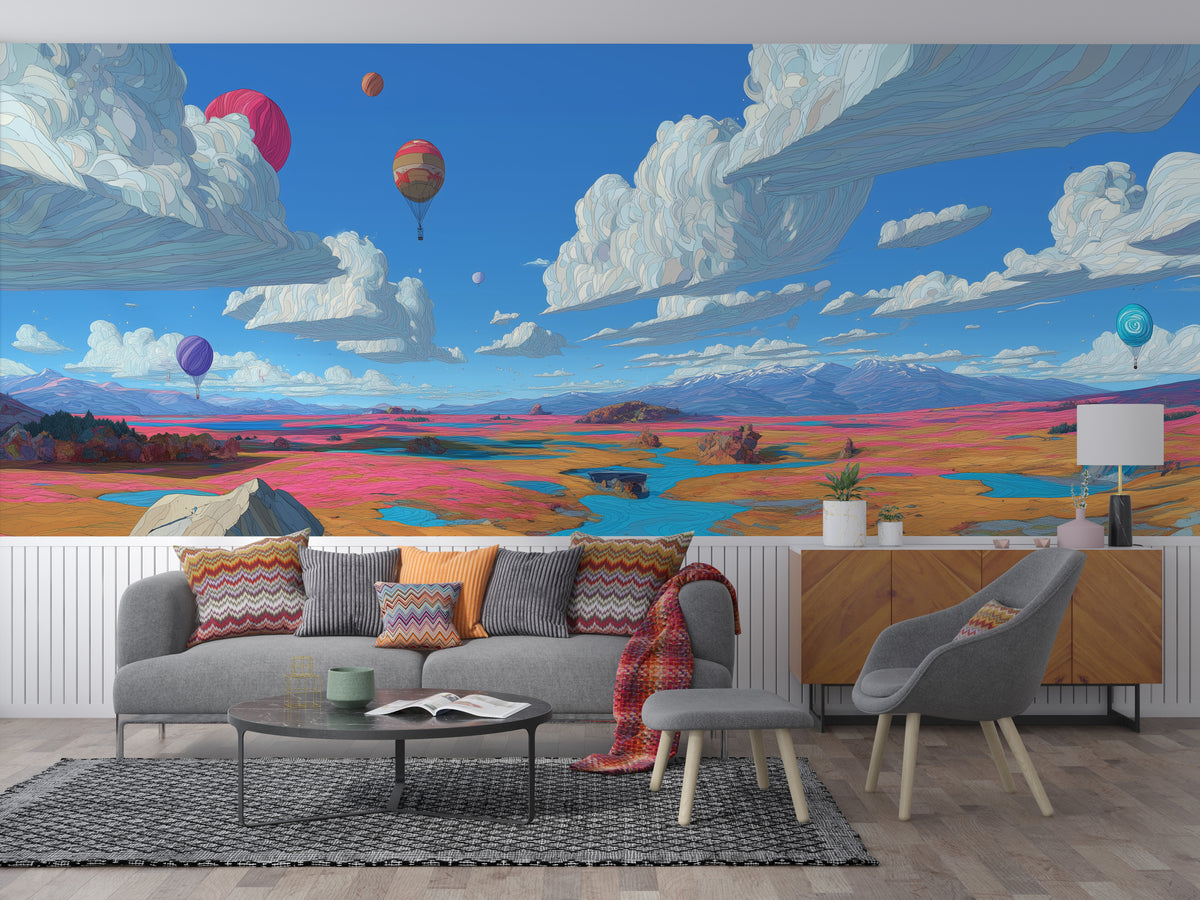 Surreal Wall Mural - Hot Air Balloon Art | Colorful Landscape, Blue River, Pink Orange Fields, Dream Clouds, Peel and Stick Fantasy Wall Art