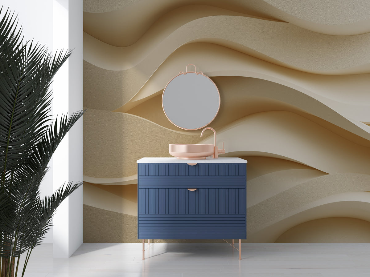 Beige Wall Mural - Abstract Wave Art | Neutral Wall Decor - Textured 3D Waves, Minimalist Organic Modern Peel and Stick Mural, Cream Decor
