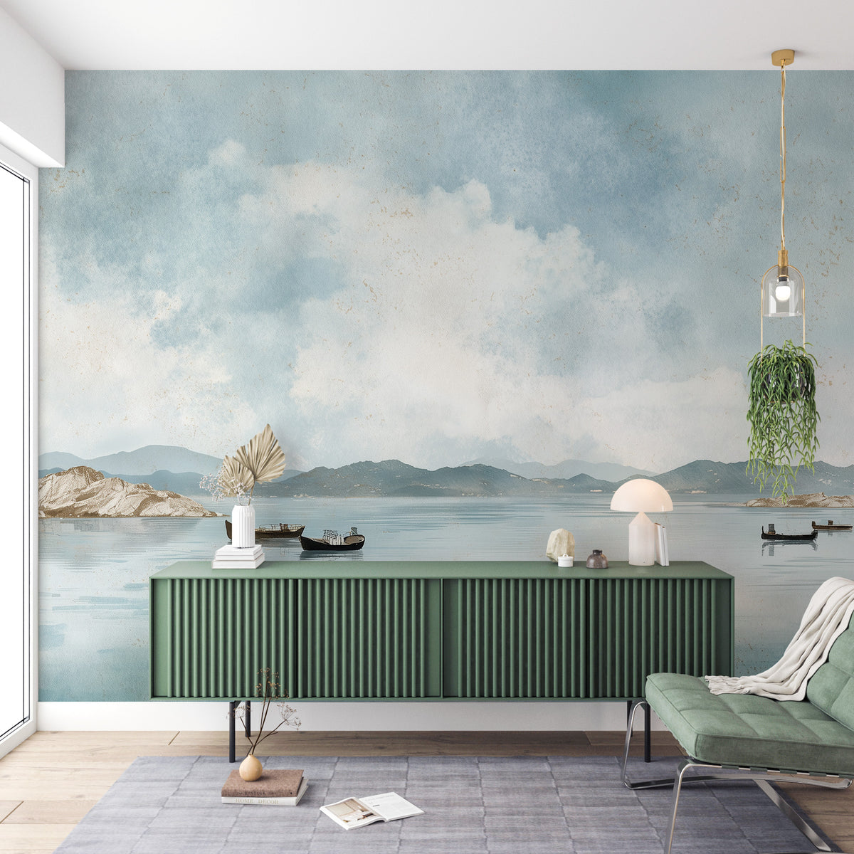 Coastal Wall Mural - Watercolor Mural | Ocean Landscape - Blue Seascape with Boats Mountains and Soft Horizon Peel and Stick Mural
