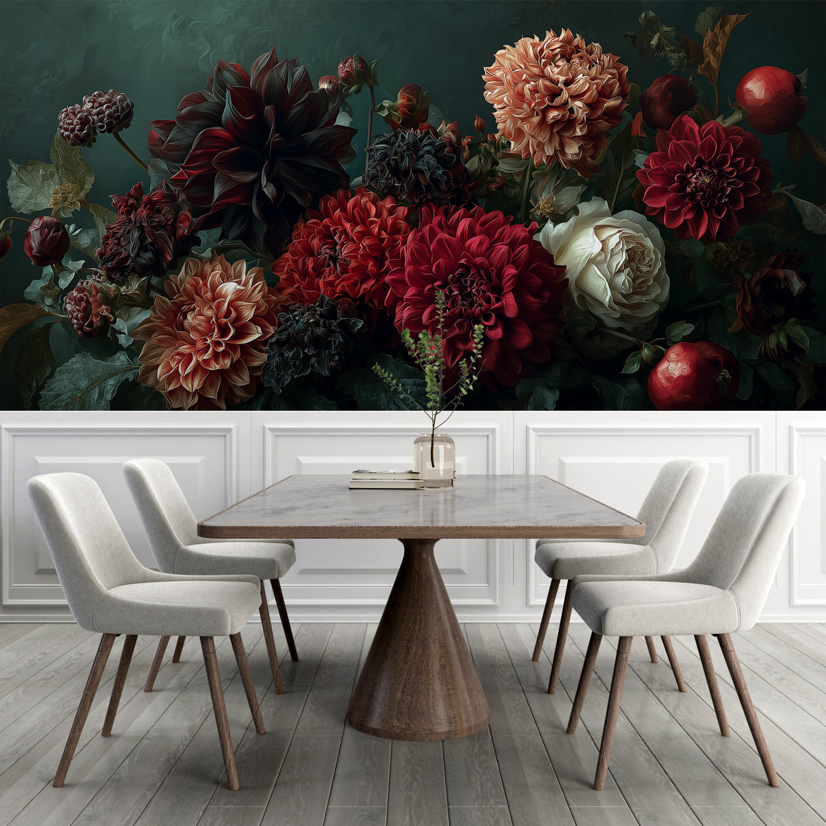 Dark Floral Mural - Dahlia Wall Mural | Moody Floral - Burgundy Red Dahlias and Cream Roses Botanical Peel and Stick Mural