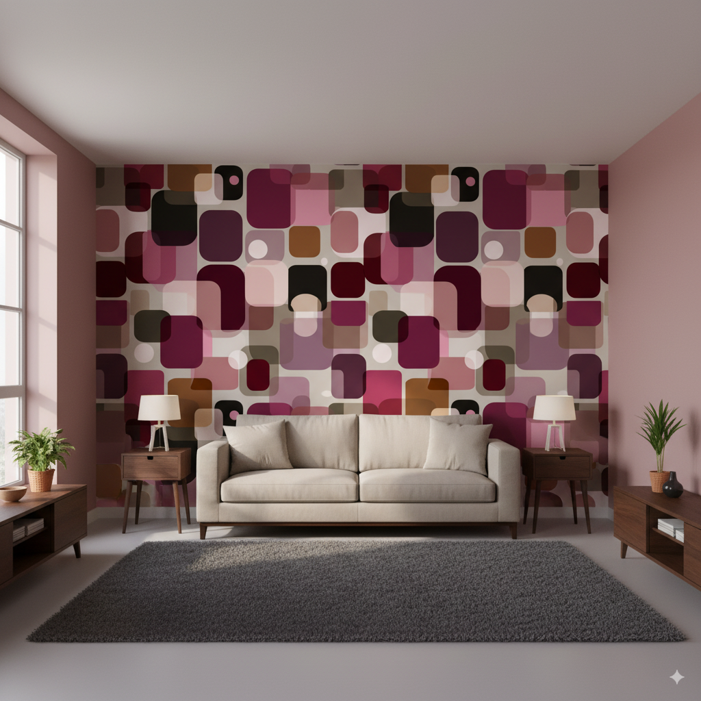 Retro Wallpaper - Geometric Wallpaper | Retro Geometric - Burgundy Pink Beige Rounded Rectangle Peel and Stick Wallpaper