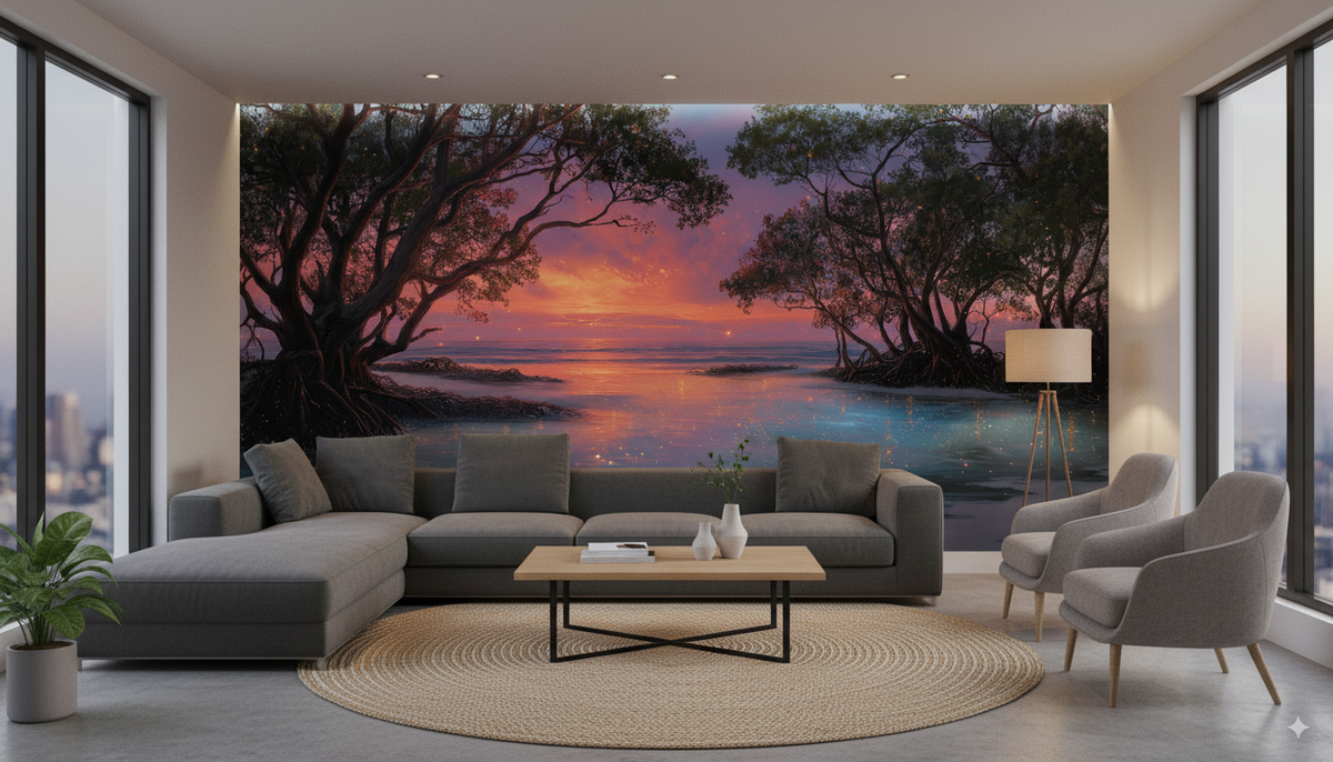 Coastal Wall Mural - Sunset Wall Mural | Bioluminescent - Glowing Blue Ocean Mangrove Landscape Peel and Stick Mural