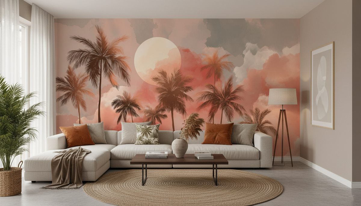Tropical Sunset Palm Tree Wall Mural | Warm Coral Watercolor Sky, Coastal Peel and Stick Mural, Bedroom Bathroom Living Room Decor