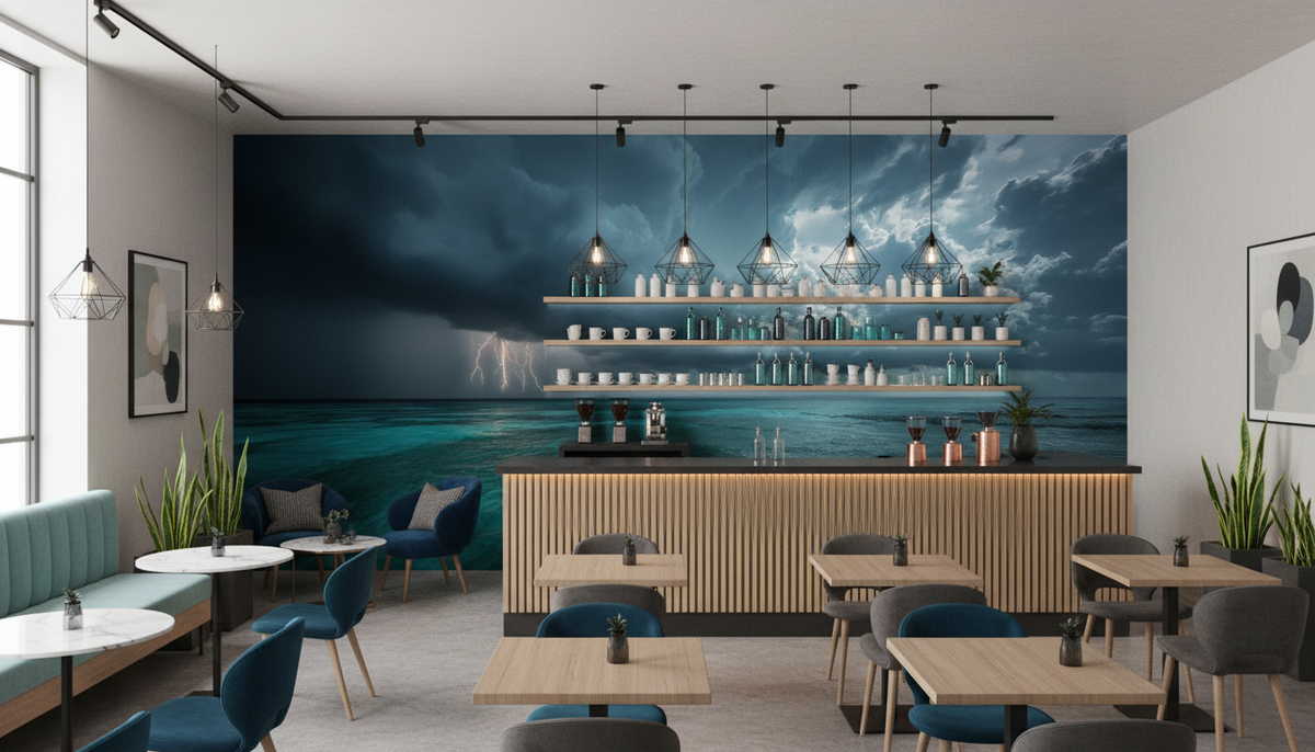 Tropical Storm Wall Mural | Lightning Over Turquoise Ocean, Moody Coastal Peel and Stick Mural, Dramatic Beach Wall Decor